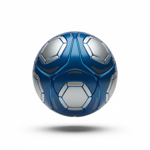 High-tech blue and grey aerodynamic soccer ball with classic panel design